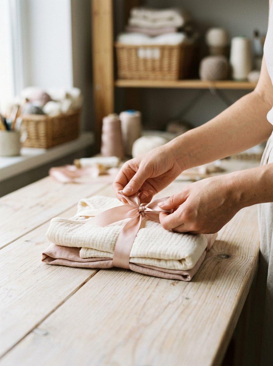 Tying a ribbon by hand at the PrettyCakes worktable
