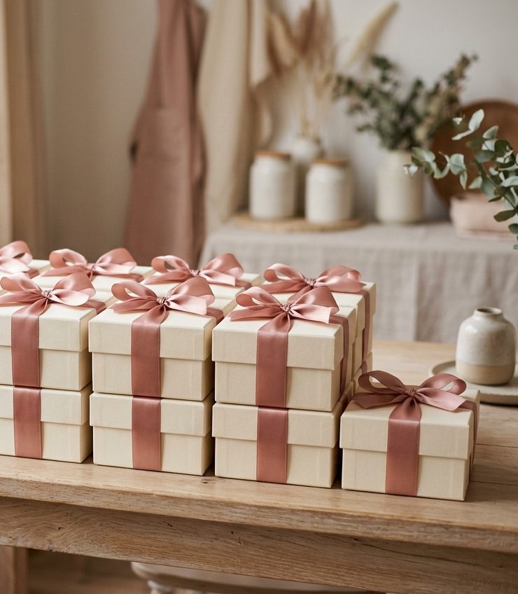 Cream gift boxes tied with ribbon, ready for a bulk order