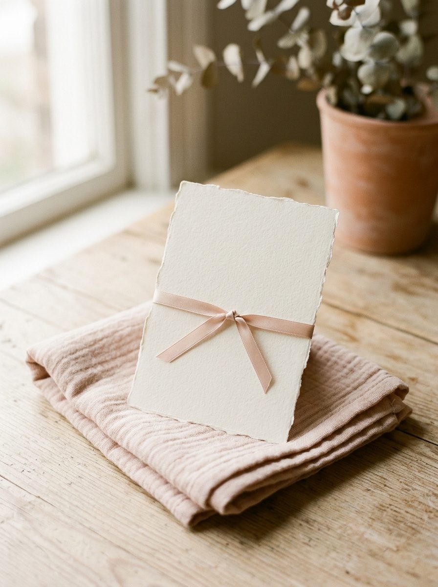 A blank PrettyCakes greeting card tied with ribbon